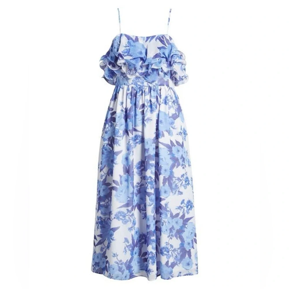 NWT Chelsea28 Blue Floral Printed Tiered Ruffle Chiffon Midi Dress